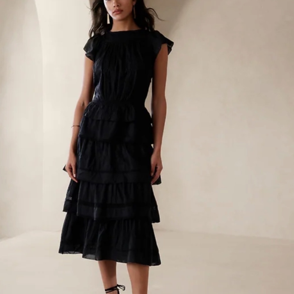 Banana Republic Selene Embroidered Romantic Victorian Safari Voile Black Dress
